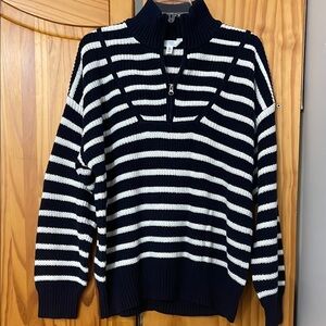 TIME AND TRU LOOSE KNIT SWEATER WOMENS XXL (20) NAVY WHITE STRIPES POP-OVER ZIP